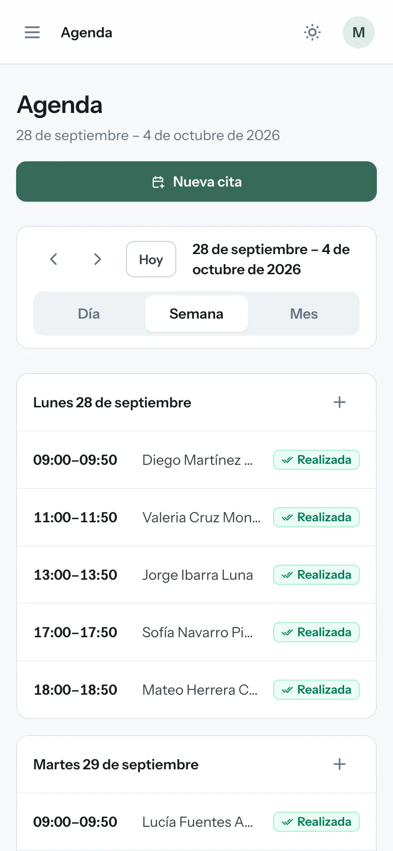 Agenda de la semana en el celular, con cada cita y su estado.