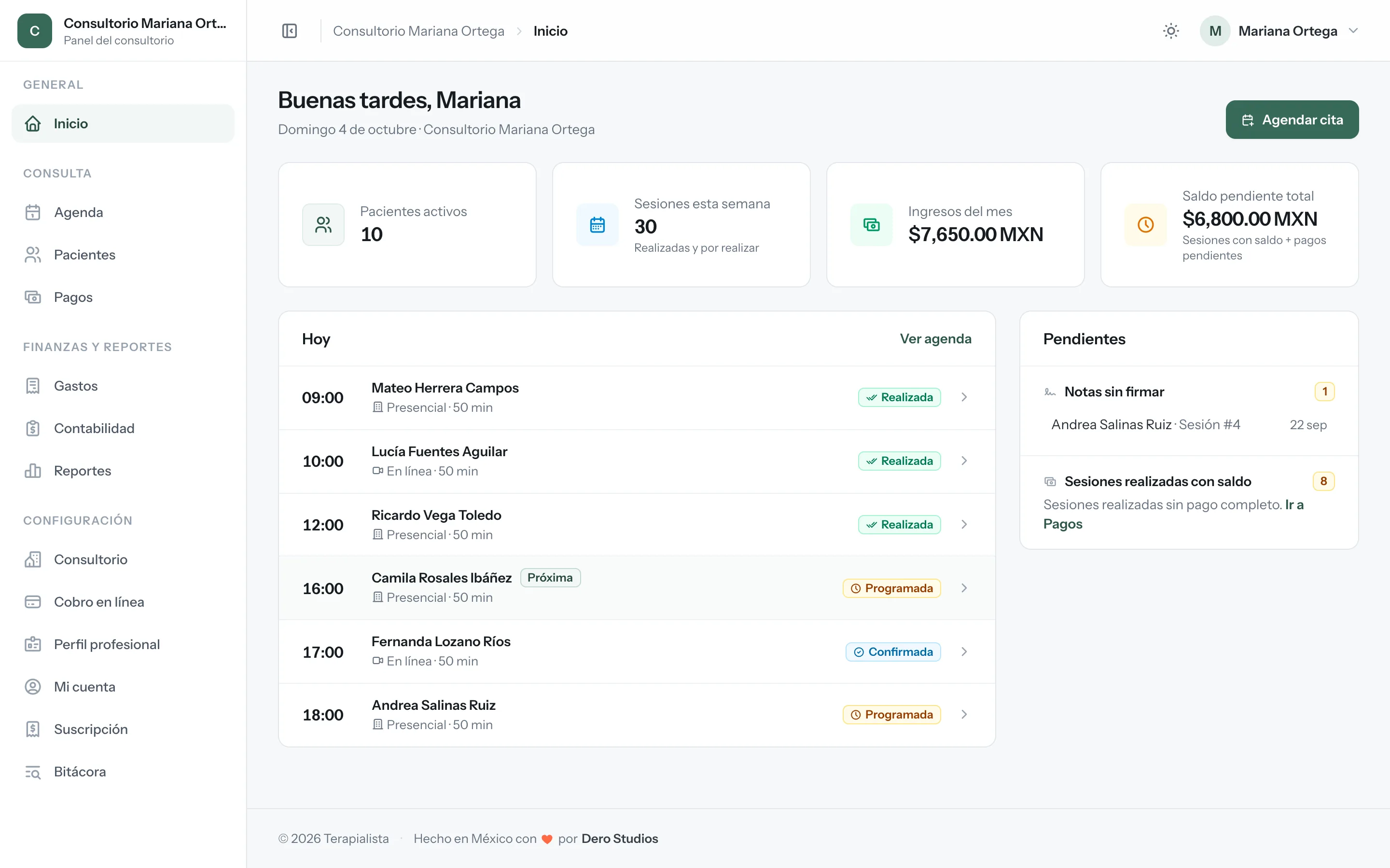 Pantalla de inicio: citas de hoy con su estado, sesiones de la semana, ingresos del mes y notas pendientes de firmar.